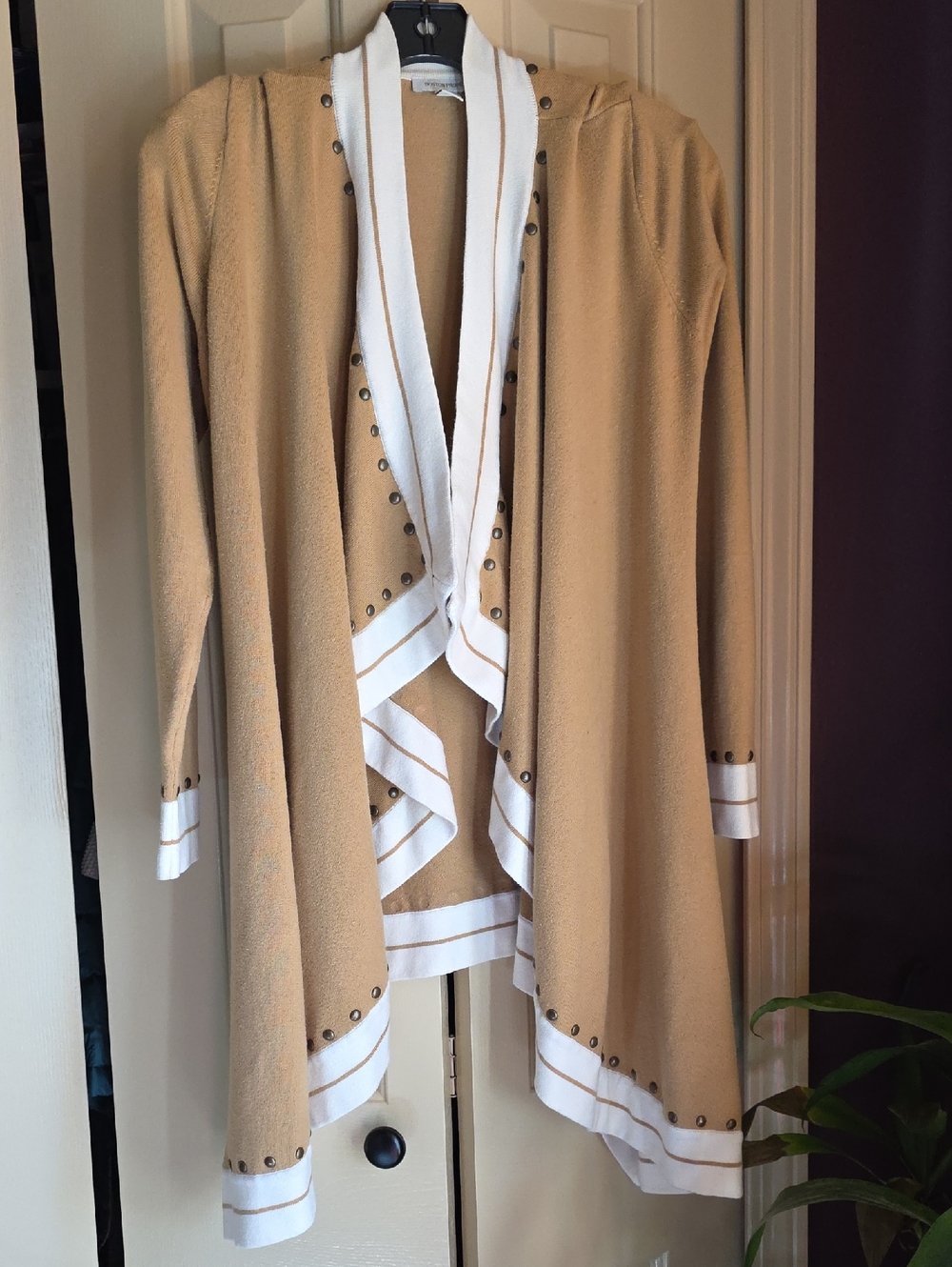 Boston Proper Camel and Cream Open Front Cardigan with Stud Detail